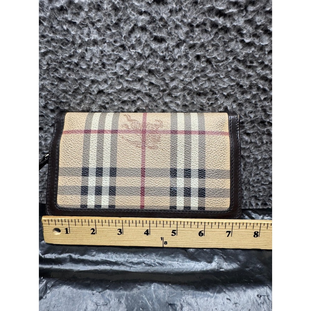 Burberry Haymarket Check Leather Bifold Continental Wallet Brown Beige 7" x 4" - Picture 9 of 10